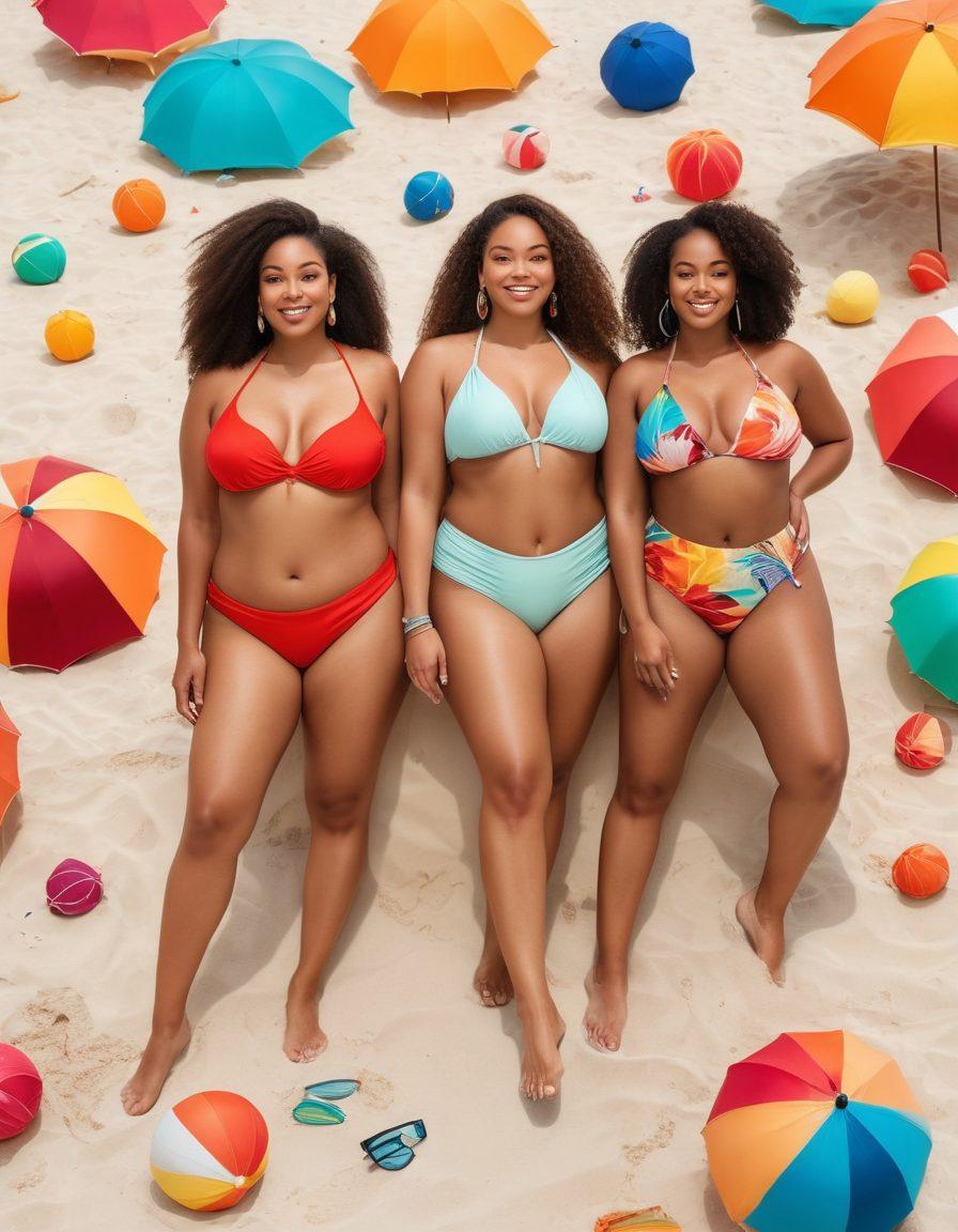 A sun-soaked beach scene capturing diverse women of all body types confidently wearing stylish bikinis, with the Detroit skyline in the background and colorful beach umbrellas dotting the sand. Include vibrant summer elements like beach balls and tropical drinks. Emphasize themes of body positivity and self-expression in fashion. super-realistic. vibrant colors. white background.
