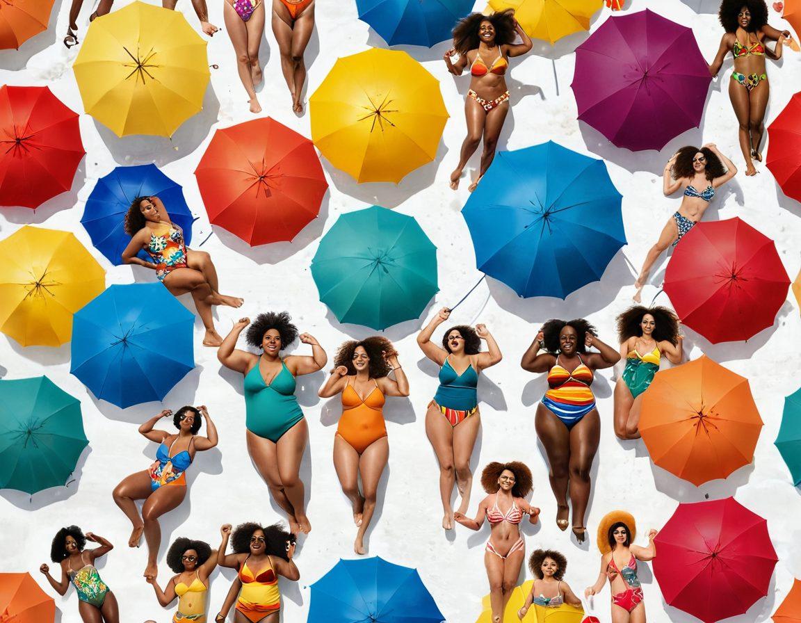 A diverse group of individuals of all shapes and sizes joyfully enjoying a sunny beach day, showcasing vibrant swimwear that celebrates body positivity. Colorful beach umbrellas dot the scene, while some are splashing in the water and others are lounging on towels. Include elements of friendship and confidence, with smiles all around. The setting should evoke a feeling of warmth and inclusiveness. super-realistic. vibrant colors. white background.