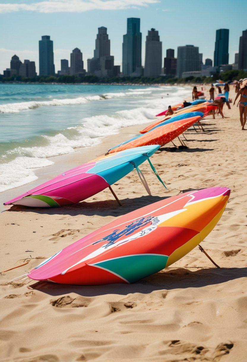 A sunlit Detroit beach scene showcasing vibrant swimwear styles, with diverse models displaying trendy swimsuits, beach umbrellas in bold colors, and people enjoying the waves. Incorporate elements of the Detroit skyline in the background to connect fashion with local culture. Capture the lively atmosphere with elements like surfboards and beach balls. vibrant colors. super-realistic. summer themes.